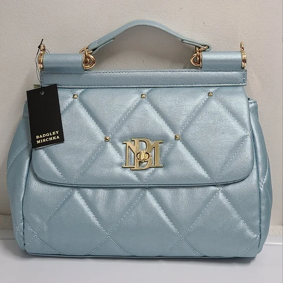 Badgley Mischka Metallic Blue Big Diamond Quilting with Studs Bag NWT